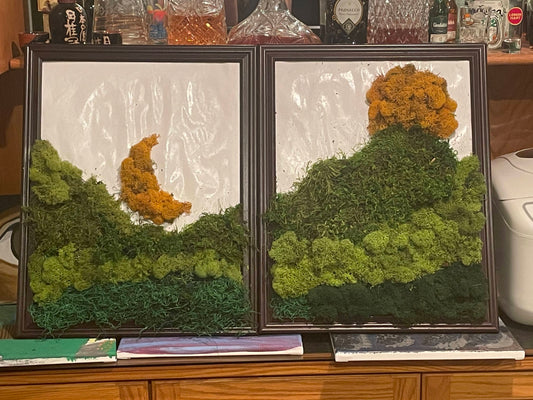 Add greenery and life to your home decor with this funky, vibrant, moss art installation. Perfect for shelves, bedside tables, coffee tables, home offices and desks.